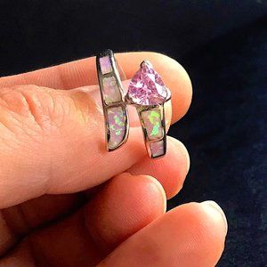 Pink CZ and Opal (lab created) Size 8.5, silver